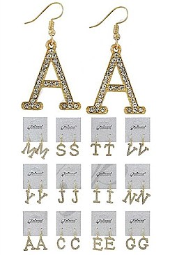 PACK OF 12 CUTE ASSORTED COLOR ALPHABET INITIAL DANGLE EARRING