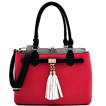 ES1134-LP Tassel Accent Color Block 3 Compartment Satchel