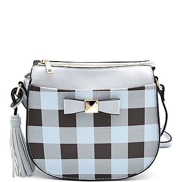 ES2059-LP Bow Accent Checker Plaid Print Tassel Cross Body