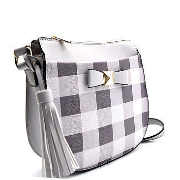 ES2059-LP Bow Accent Checker Plaid Print Tassel Cross Body