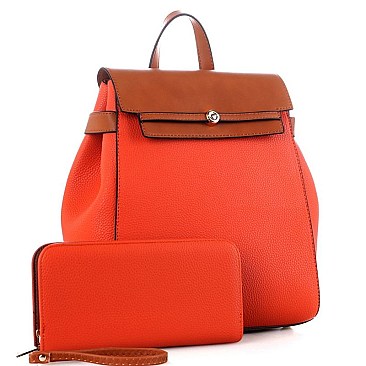 Two-Tone Flap Fashion Backpack Wallet Set