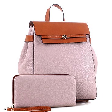 Two-Tone Flap Fashion Backpack Wallet Set