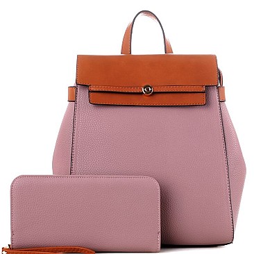 Two-Tone Flap Fashion Backpack Wallet Set