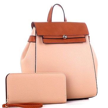 Two-Tone Flap Fashion Backpack Wallet Set
