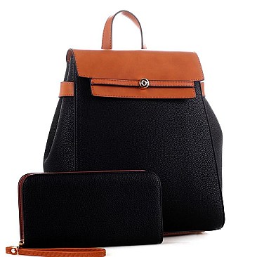 Two-Tone Flap Fashion Backpack Wallet Set