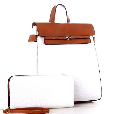 Two-Tone Flap Fashion Backpack Wallet Set