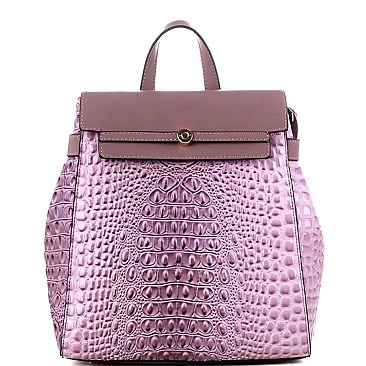 Crocodile Embossed Fashion Backpack Wallet Set