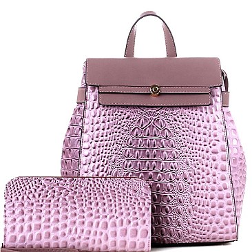 Crocodile Embossed Fashion Backpack Wallet Set