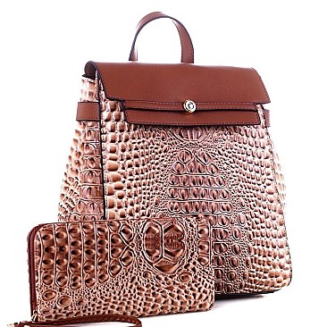Crocodile Embossed Fashion Backpack Wallet Set