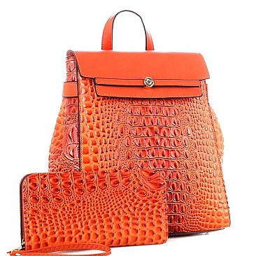 Crocodile Embossed Fashion Backpack Wallet Set