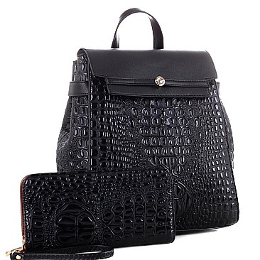 Crocodile Embossed Fashion Backpack Wallet Set