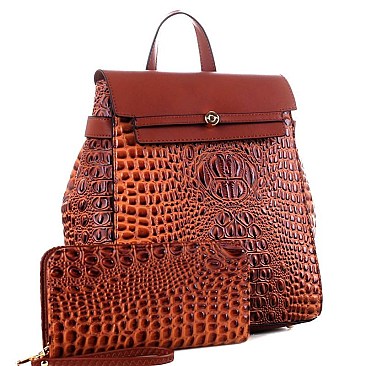 Crocodile Embossed Fashion Backpack Wallet Set
