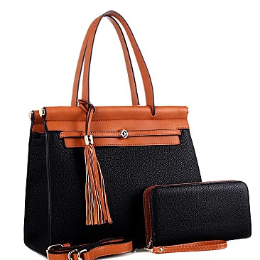 Hardware Tassel Accent Two-Tone Satchel Wallet Set