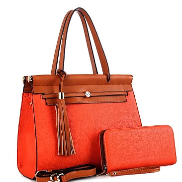 Hardware Tassel Accent Two-Tone Satchel Wallet Set
