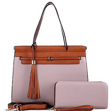 Hardware Tassel Accent Two-Tone Satchel Wallet Set