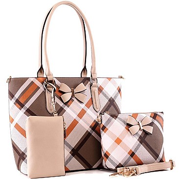3 in 1 Bow Accent Plaid Checker Tote Wristlet SET