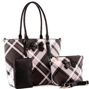 3 in 1 Bow Accent Plaid Checker Tote Wristlet SET