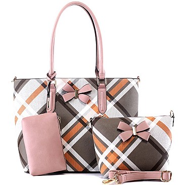3 in 1 Bow Accent Plaid Checker Tote Wristlet SET