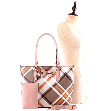 3 in 1 Bow Accent Plaid Checker Tote Wristlet SET