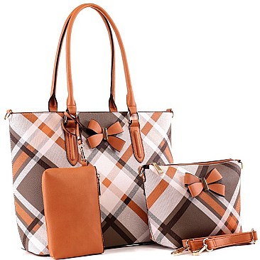 3 in 1 Bow Accent Plaid Checker Tote Wristlet SET