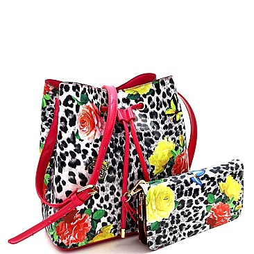 Leopard/Butterfly Print Patent Bucket Hobo Wallet SET