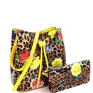 Leopard/Butterfly Print Patent Bucket Hobo Wallet SET