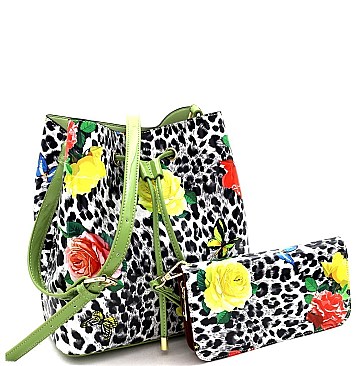Leopard/Butterfly Print Patent Bucket Hobo Wallet SET