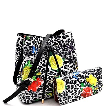 Leopard/Butterfly Print Patent Bucket Hobo Wallet SET