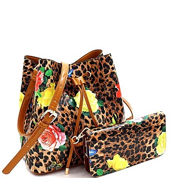 Leopard/Butterfly Print Patent Bucket Hobo Wallet SET
