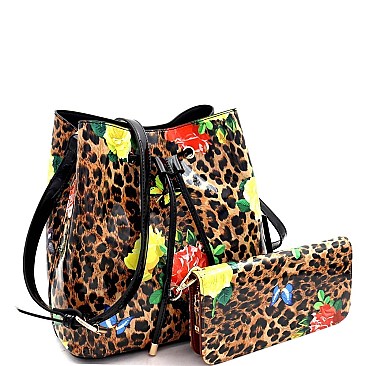 Leopard/Butterfly Print Patent Bucket Hobo Wallet SET