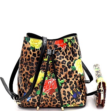 Leopard/Butterfly Print Patent Bucket Hobo Wallet SET