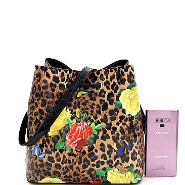 Leopard/Butterfly Print Patent Bucket Hobo Wallet SET