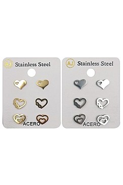 PACK OF 12 FASHIONABLE ASSORTED COLOR 3-PAIR STAINLESS STEEL STUD EARRING SET
