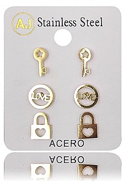 PACK OF 12 TRENDY ASSORTED COLOR 3-PAIR STAINLESS STEEL STUD EARRING SET