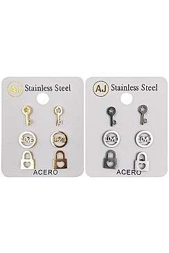 PACK OF 12 TRENDY ASSORTED COLOR 3-PAIR STAINLESS STEEL STUD EARRING SET