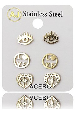PACK OF 12 FASHION ASSORTED COLOR 3-PAIR STAINLESS STEEL STUD EARRING SET