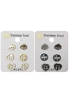 PACK OF 12 FASHION ASSORTED COLOR 3-PAIR STAINLESS STEEL STUD EARRING SET