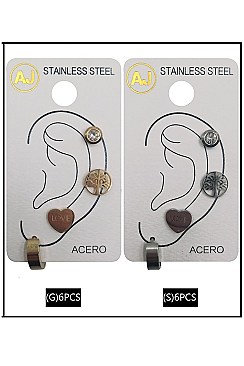 PACK OF 12 STYLISH ASSORTED COLOR STAINLESS STEEL MULTI CUFF EARRING SET