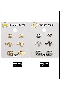 PACK OF 12 TRENDY ASSORTED COLOR 3-PAIR STAINLESS STEEL EARRING SET
