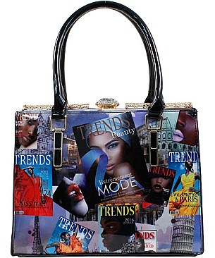 Magazine Cover Fashion Metal Frame Jewel Top Satchel