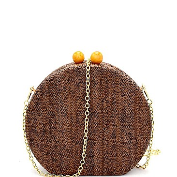 EVXZ0004-LP Wooden Knob Faux-Straw Crochet Crochet Surface Round Hard Clutch