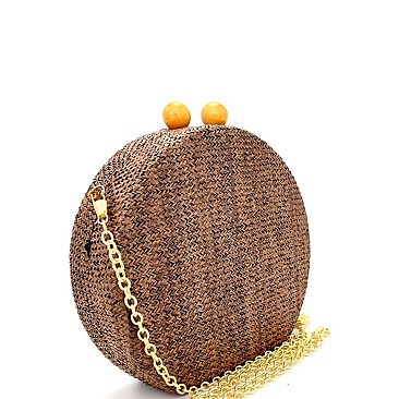 EVXZ0004-LP Wooden Knob Faux-Straw Crochet Crochet Surface Round Hard Clutch