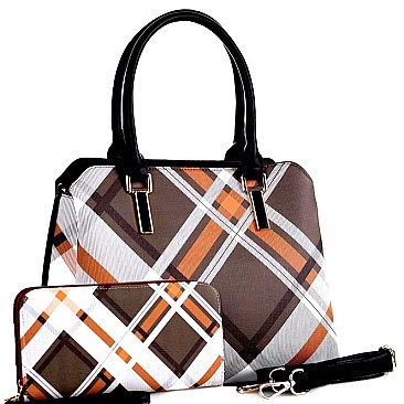 CHECKERED PLAID PRINT SATCHEL WALLET SET