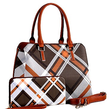 CHECKERED PLAID PRINT SATCHEL WALLET SET