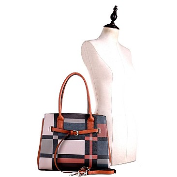 CHECKERED BUCKLE ACCENT TOTE WALLET SET