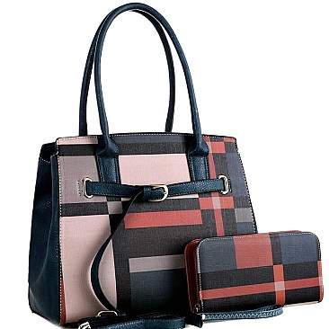 CHECKERED BUCKLE ACCENT TOTE WALLET SET