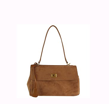 Faux Suede Top Handle Flap Satchel