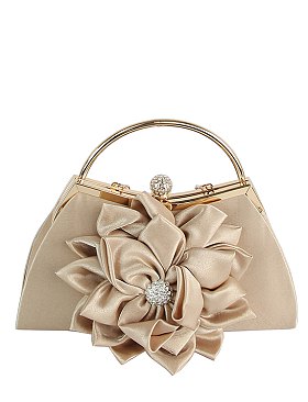 Satin Flower Frame Handle Clutch Evening Bag
