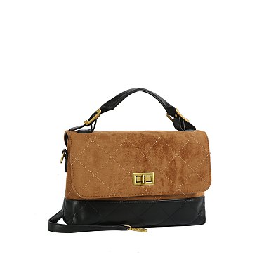 Faux Suede Woven Flap Satchel
