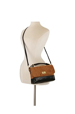 Faux Suede Woven Flap Satchel